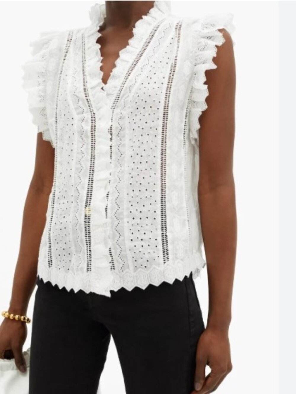 FRAME Lauren Broderie-Anglaise Ruffled Ramie Blouse White Large